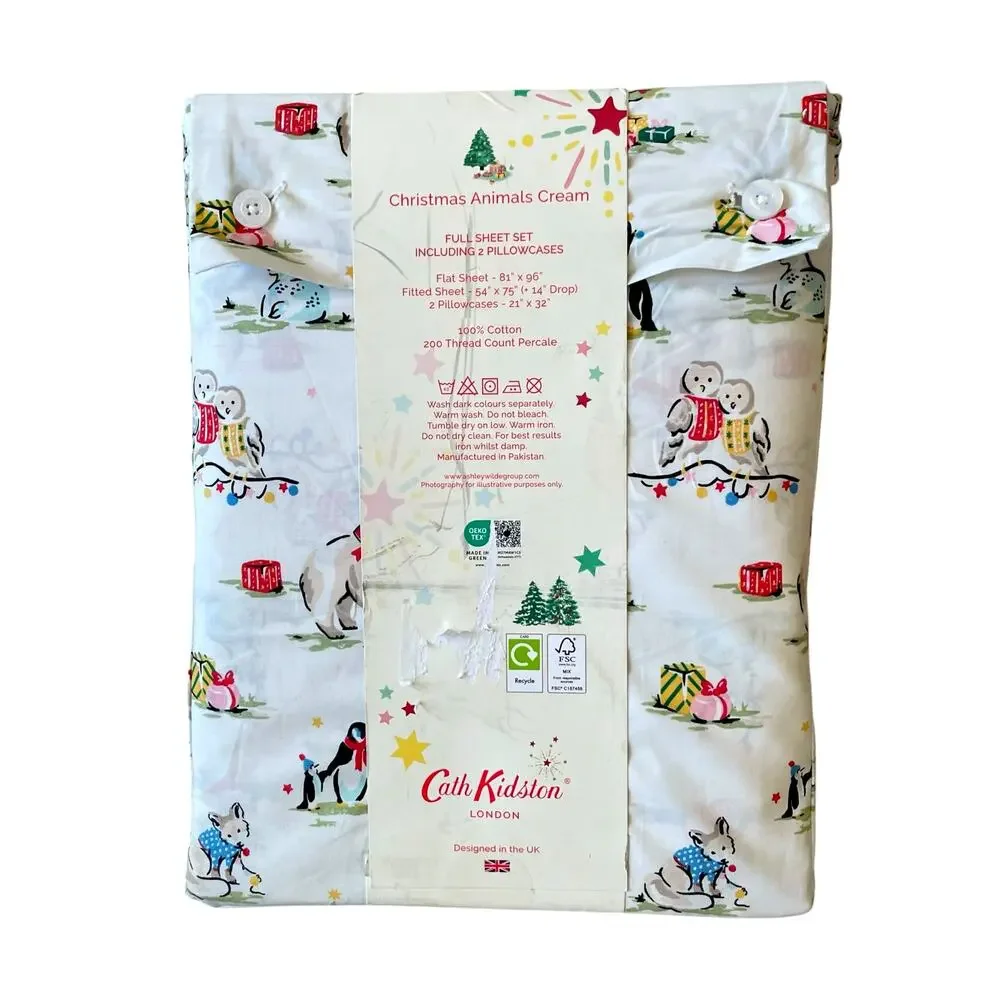 Cath Kidston London 4pc FULL Sheet Set Christmas Animals Cream Cotton NEW